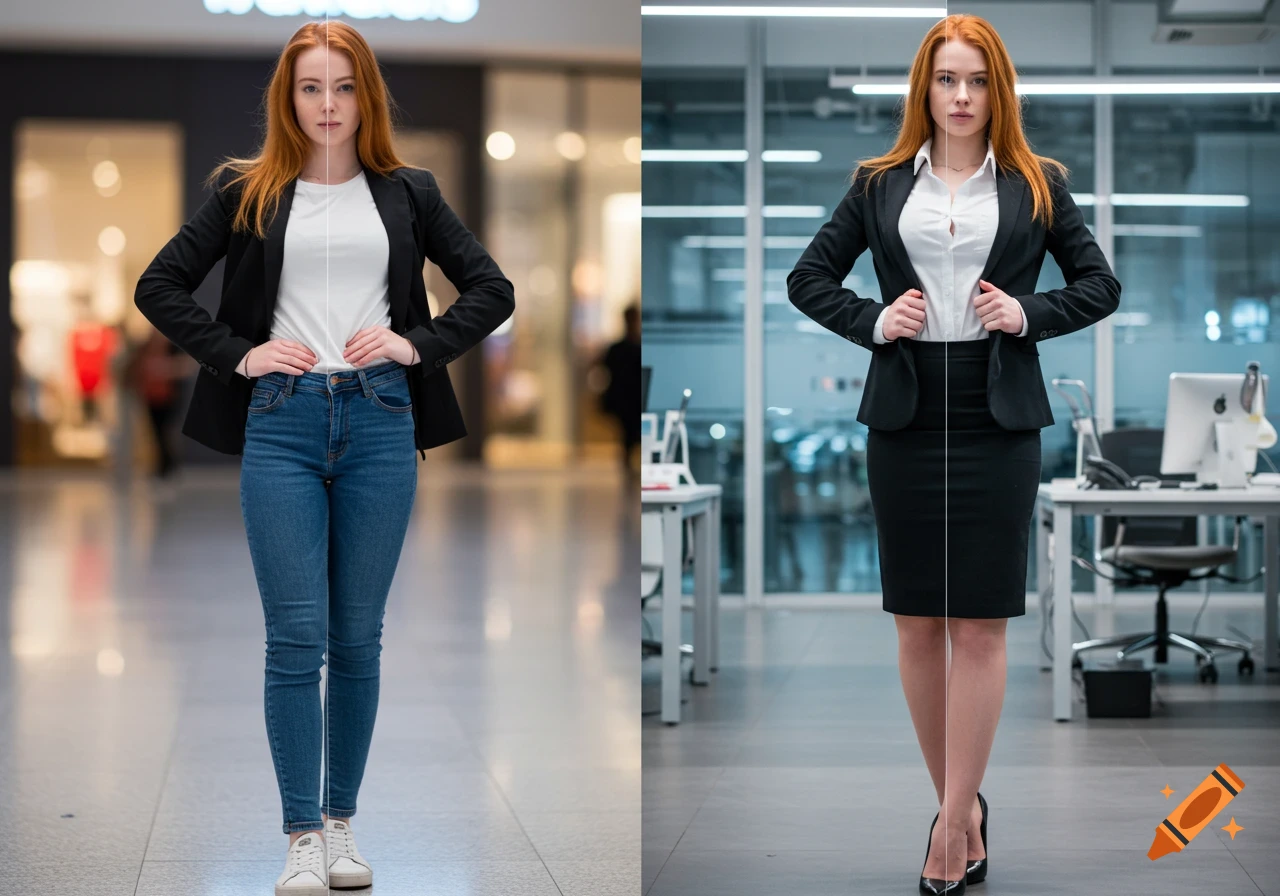 Redhead woman in a split image, half in jeans in a mall, half in a business suit in an office.