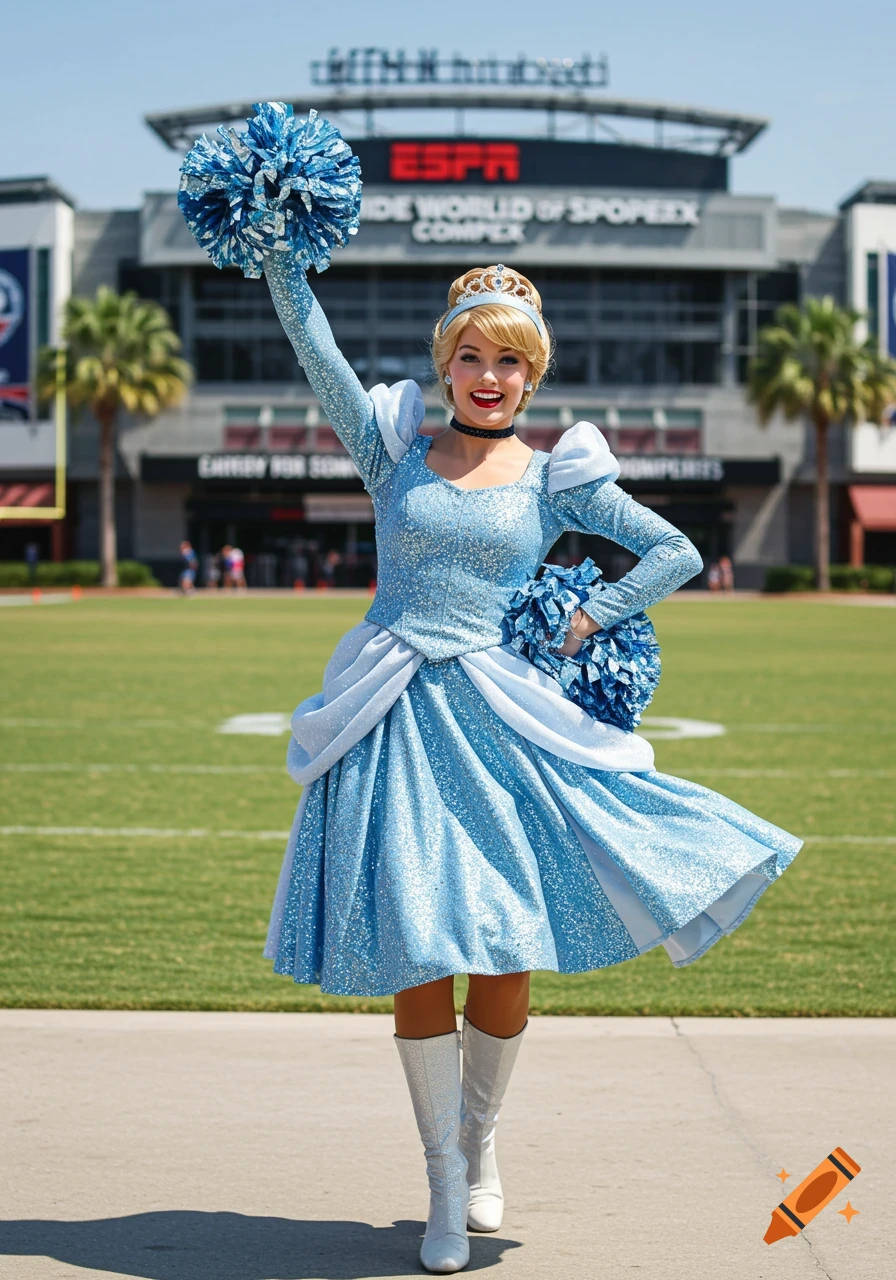 Photorealistic image of Cinderella in a cheerleader outfit with blue pom-poms on a sports field, stadium in background.