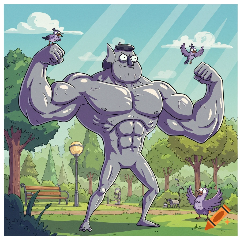 A buff, grey, muscular cartoon character resembling Benson from Regular Show flexes his biceps in a park, with small purple birds around him.