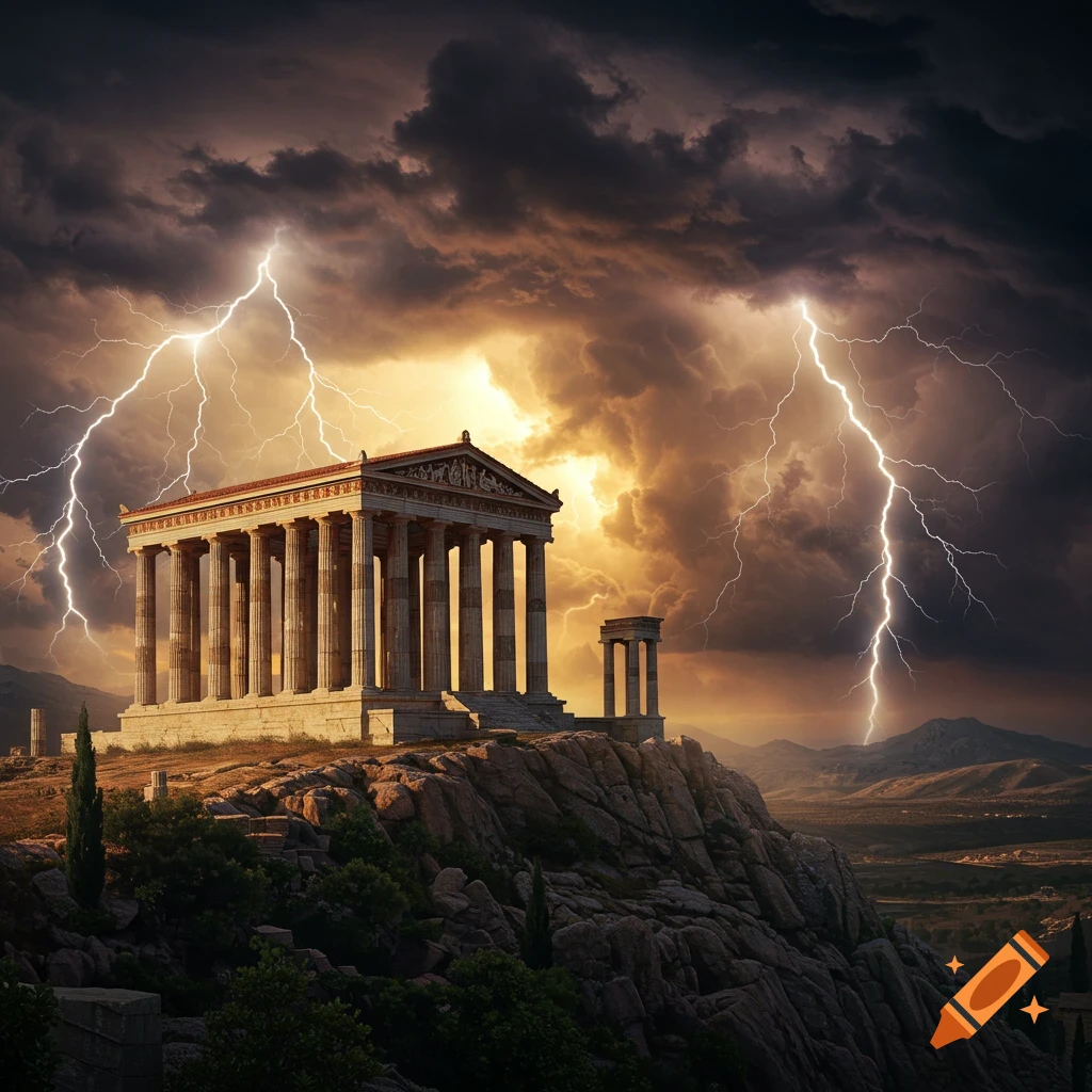 A dramatic photorealistic image of an ancient Greek temple on a rocky hill under a dark, stormy sky with bright lightning strikes.