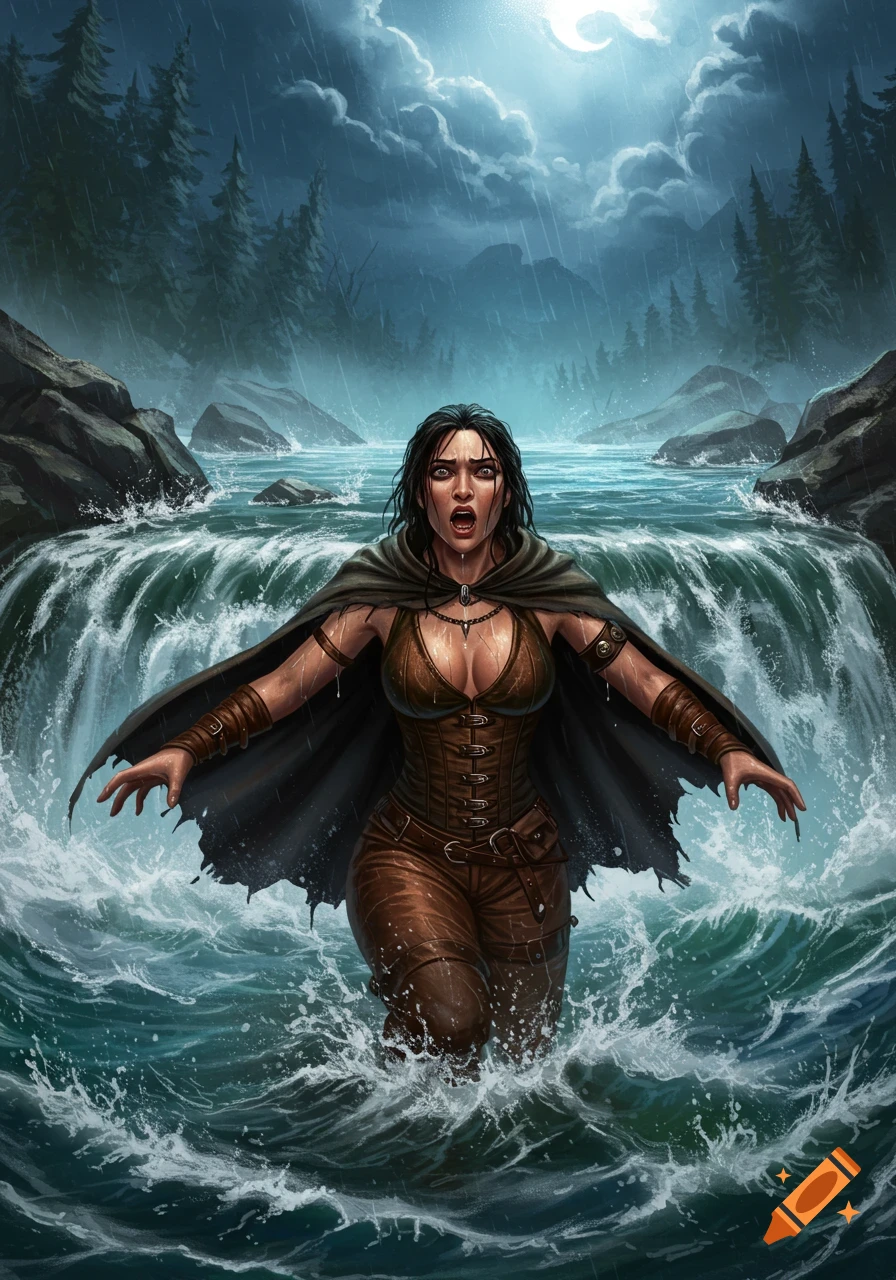 A wet fantasy warrior woman with a panicked expression struggles through river rapids in the rain under a cloudy moonlit sky.