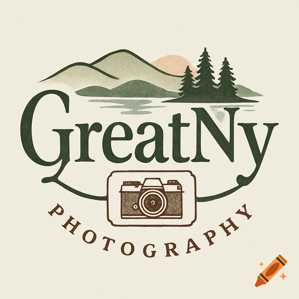 Vintage-style logo with mountains, trees, a lake, and a camera, text says 'GreatNy PHOTOGRAPHY'.