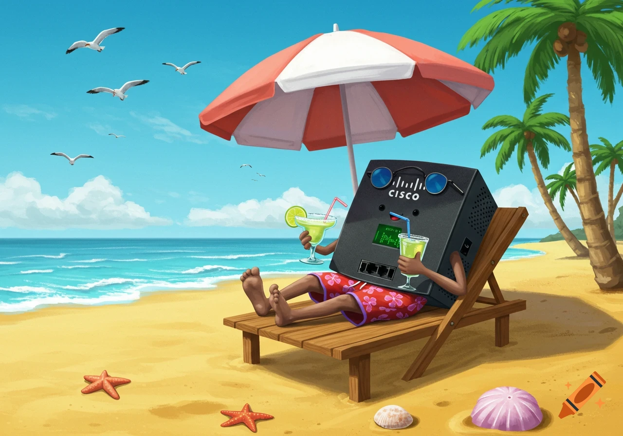 A cartoon Cisco router with arms and legs relaxes on a beach chair under an umbrella, wearing swim trunks and holding two margaritas.