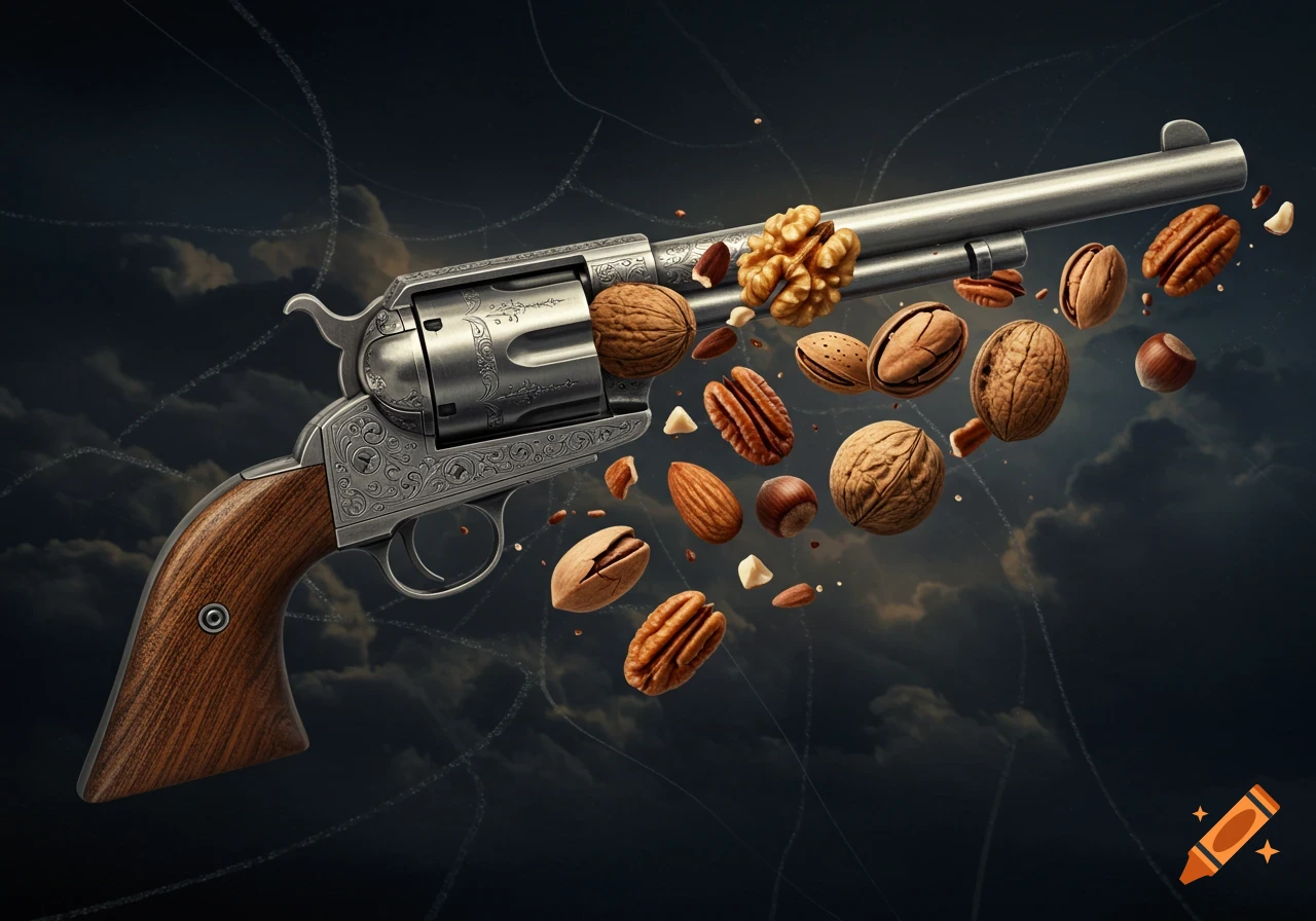 Photorealistic revolver shooting a variety of nuts, including walnuts, pecans, and almonds, against a dark, cloudy background.