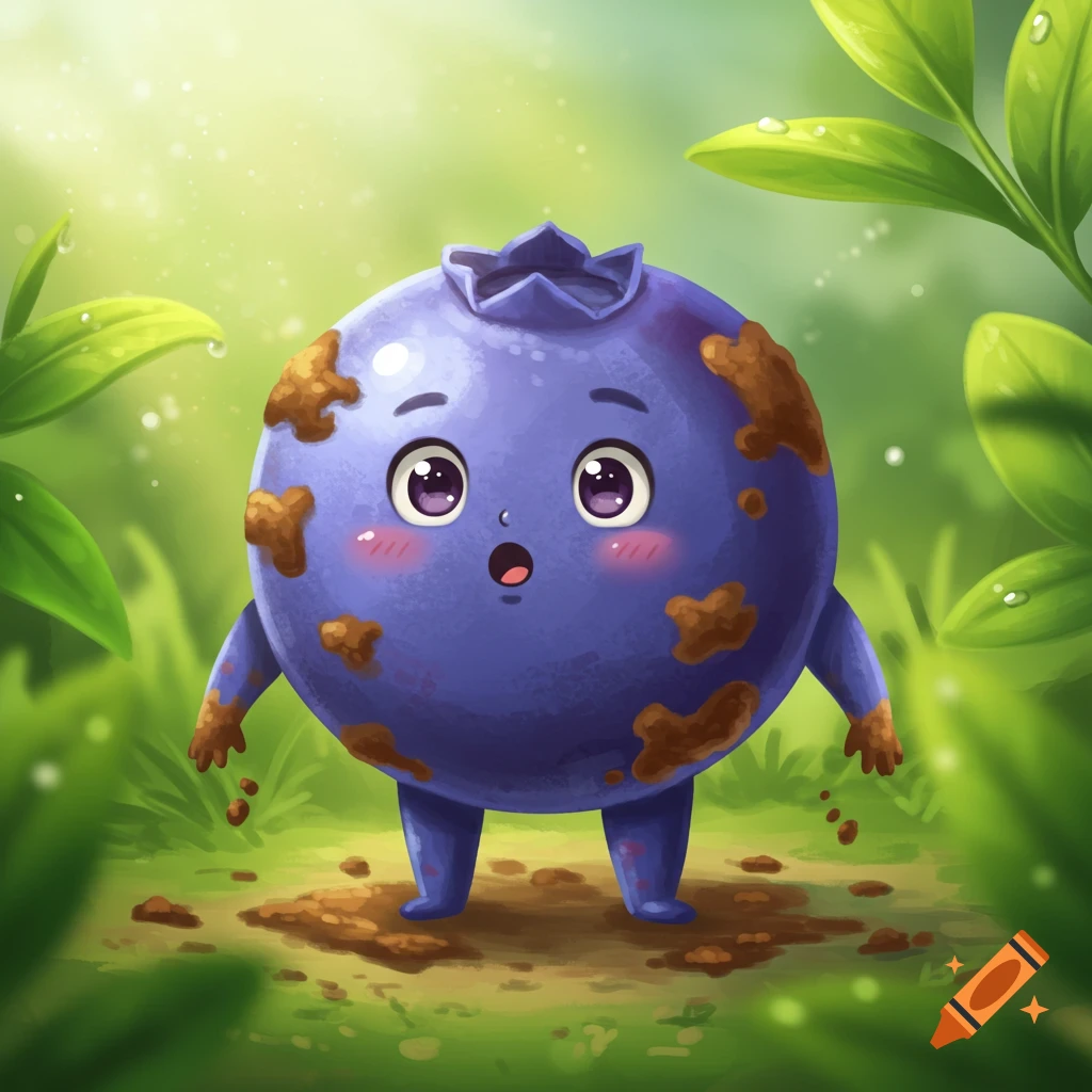 A cute, dirty cartoon blueberry with big eyes and rosy cheeks stands in a lush green forest.