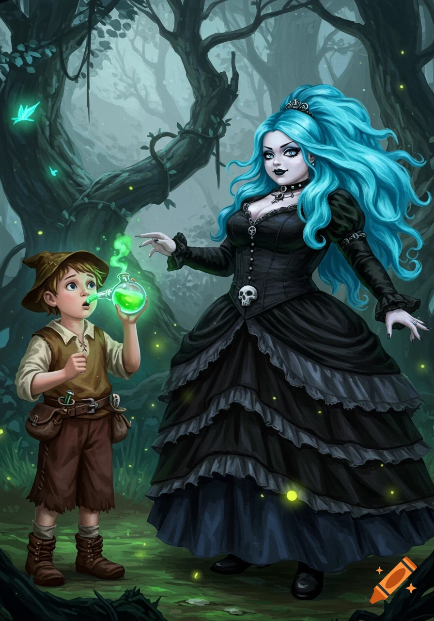 A boy in a hat drinks a glowing green potion held by a pale goth woman with long blue hair in a dark forest.