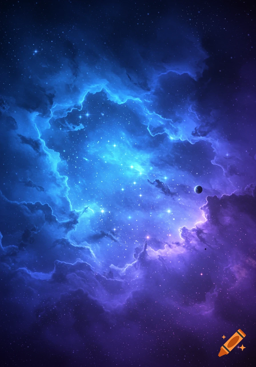 A vibrant blue and purple galaxy with glowing nebulae and countless stars, featuring a distant planet.