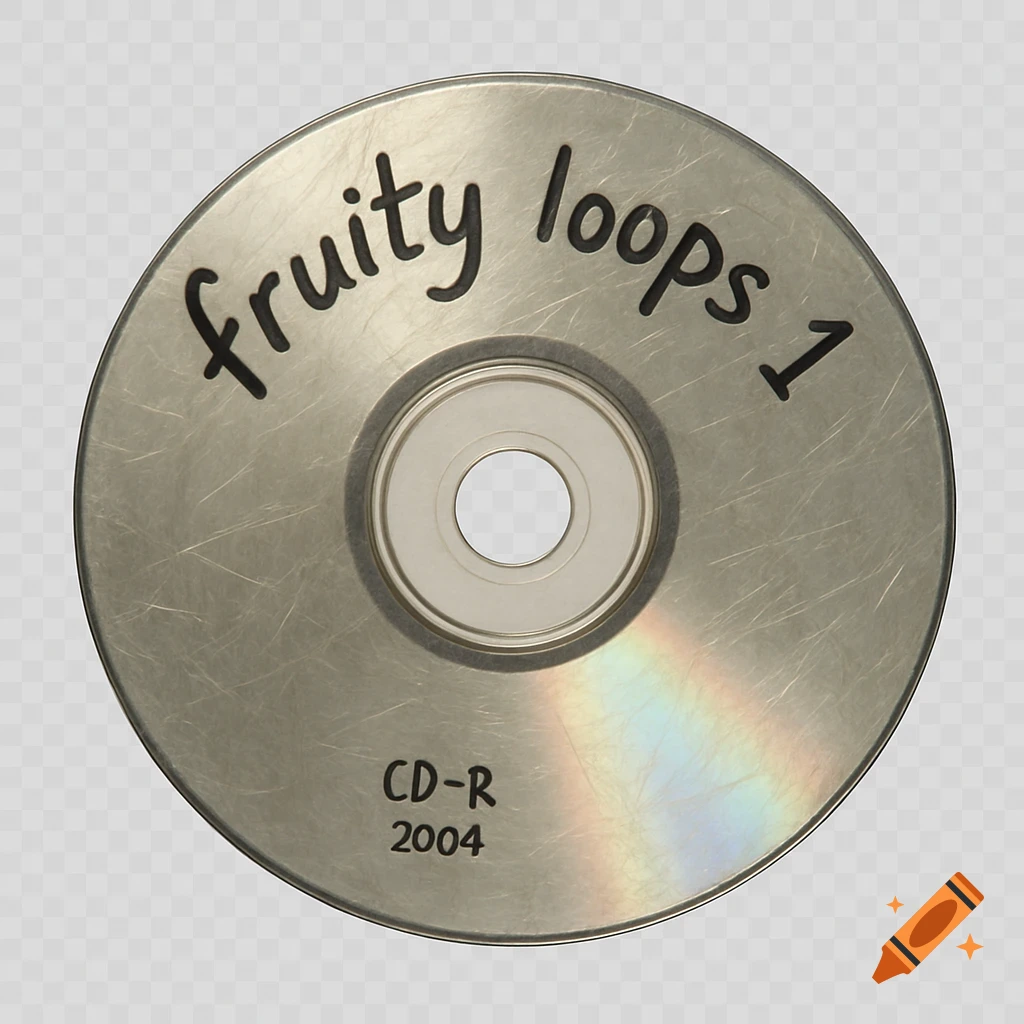 A scratched CD-R from 2004 with "fruity loops 1" written on its surface, on a transparent background.