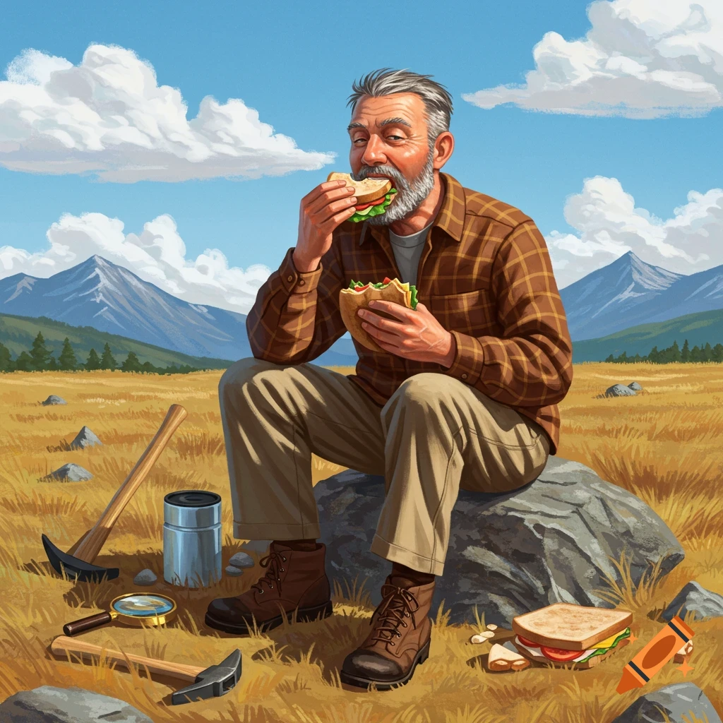 A bearded man eats a sandwich while sitting on a rock in a sunny, grassy mountain field with geology tools nearby.