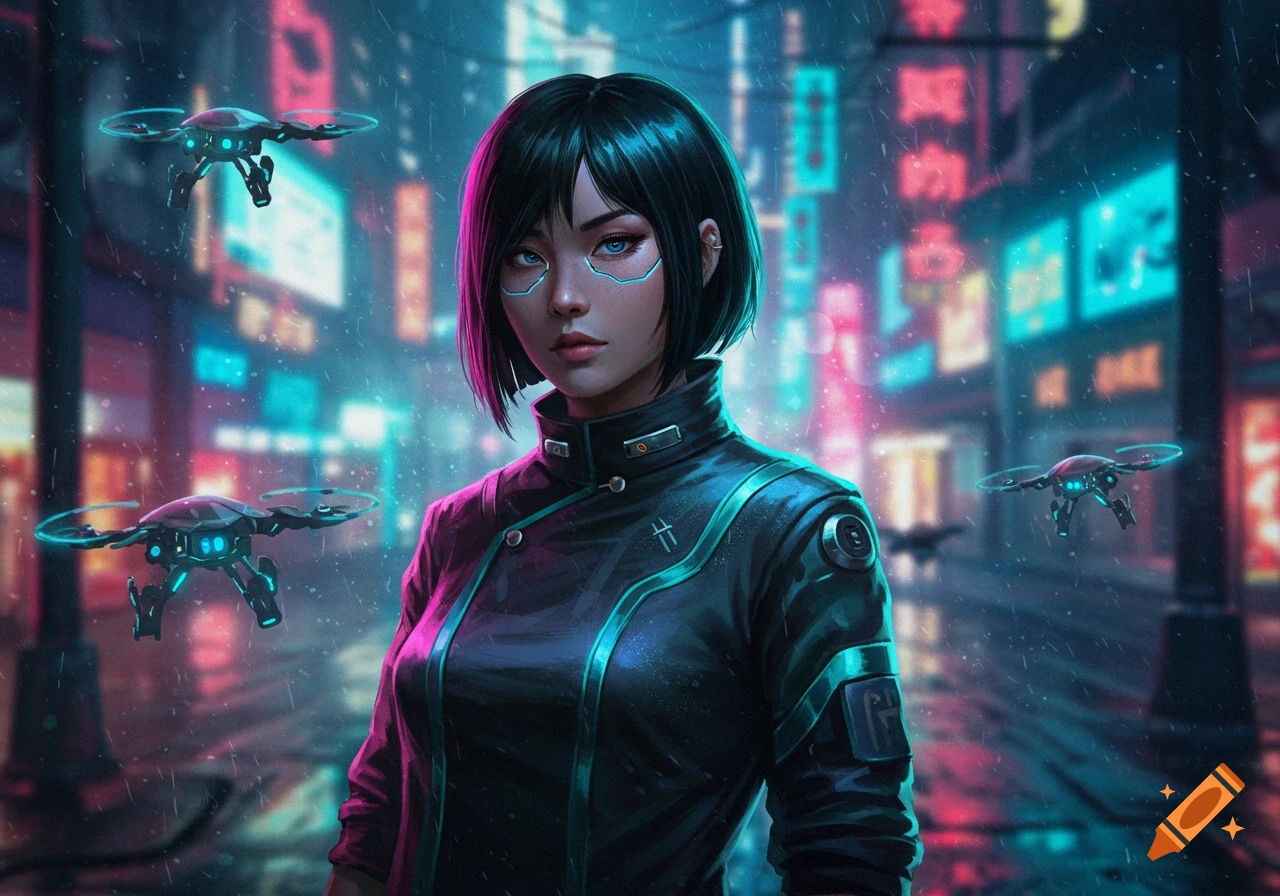 A cyberpunk Asian girl with glowing eyes stands in a rainy, neon-lit city street with drones flying around her.