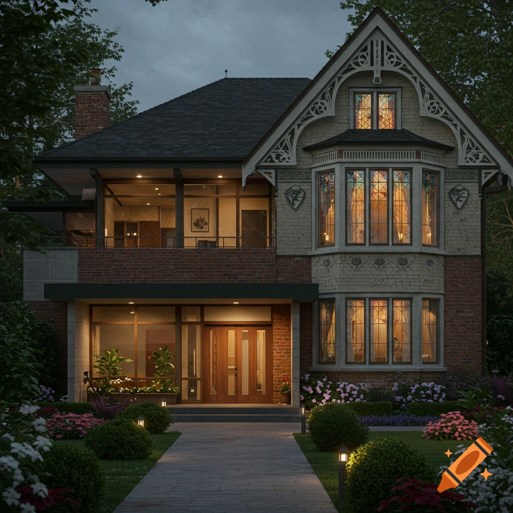 A large, photorealistic house at dusk with illuminated windows, a decorative facade, and a lush, colorful garden path leading to the entrance.