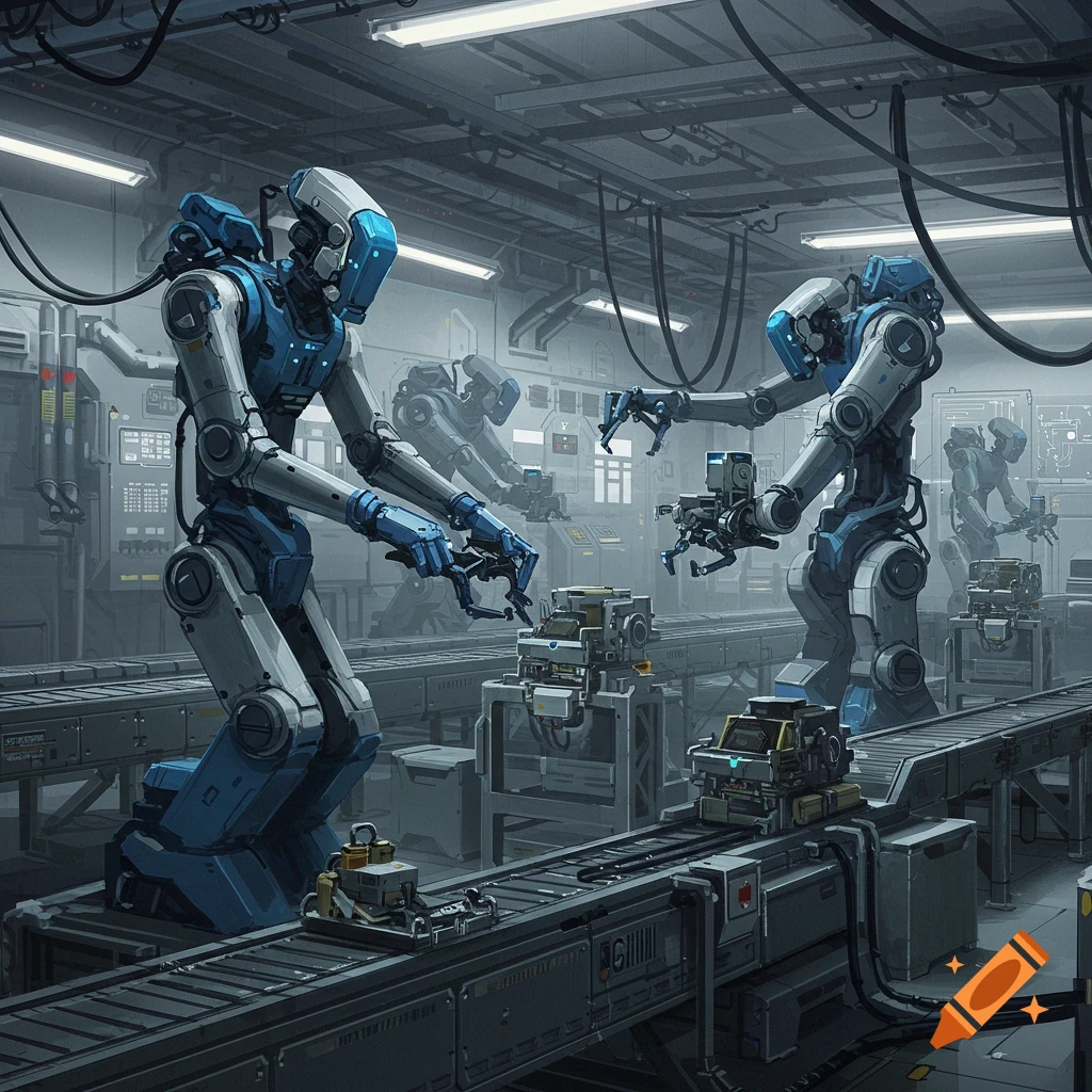 Robots assemble components on a conveyor belt in a futuristic manufacturing factory, featuring detailed machinery and industrial lighting.