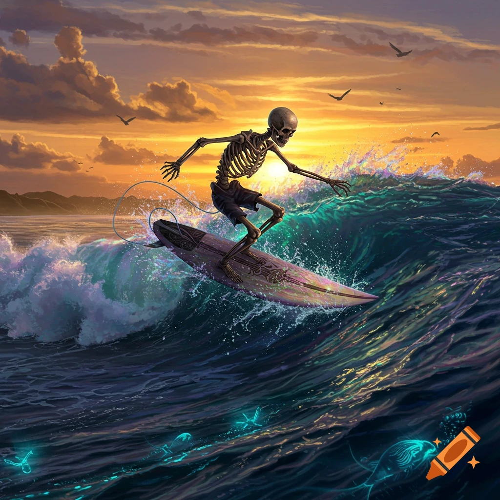 A skeleton surfs a large, luminous wave at sunset, with glowing fish below and birds in the orange sky.
