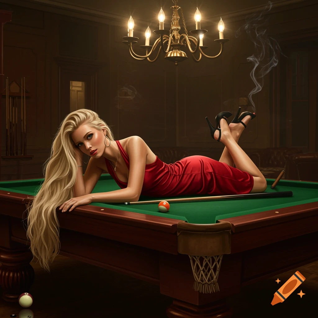 A blonde woman in a red dress lies on a green pool table with a cue and an orange billiard ball, in a dimly lit room.