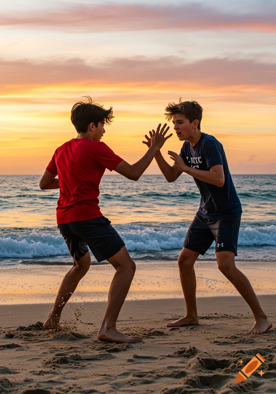 Two teenage boys in a playful fighting stance on a beach at sunset, with waves in the background.