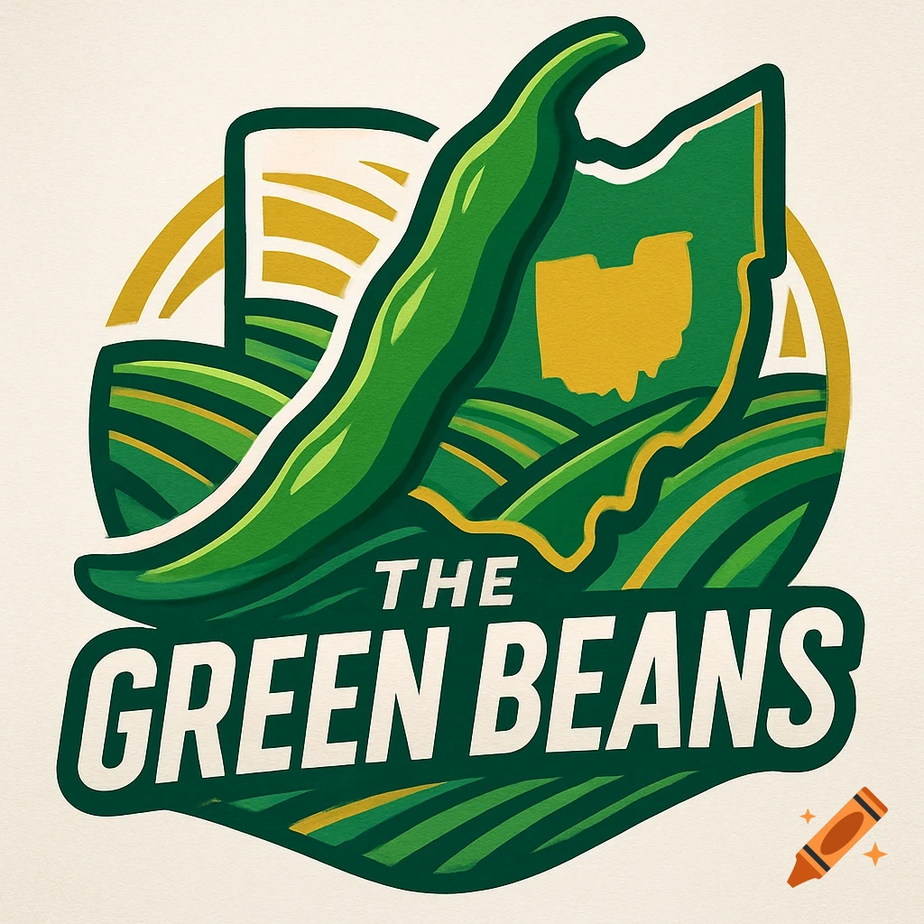 A green and yellow logo featuring a large green bean over a map of Ohio, with farm fields below. Text reads 'THE GREEN BEANS'.