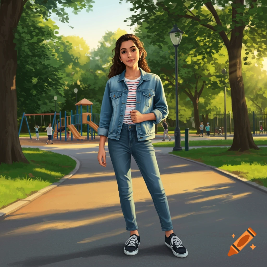 An illustration of a young girl in a denim jacket and jeans standing on a path in a sunny park with a playground.
