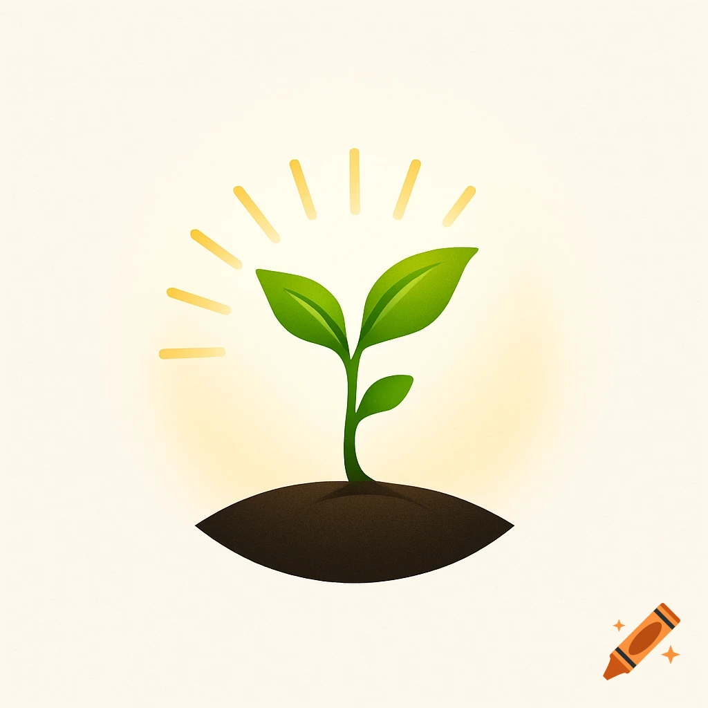 Illustration of a green plant sprout with two leaves emerging from soil, with radiating yellow light rays on a light background.