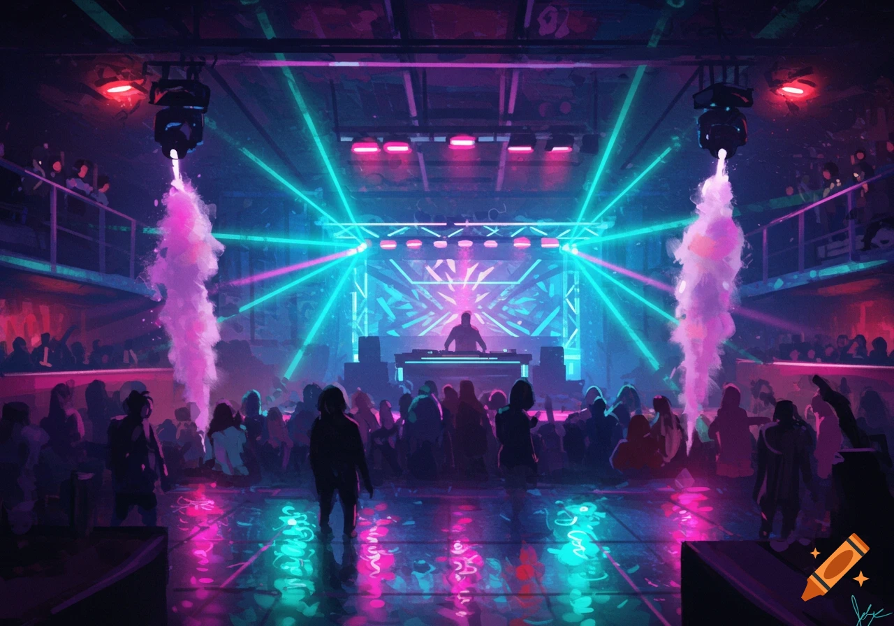 A vibrant digital painting of a DJ performing on stage at a crowded night club, bathed in neon cyan and magenta laser lights and smoke.