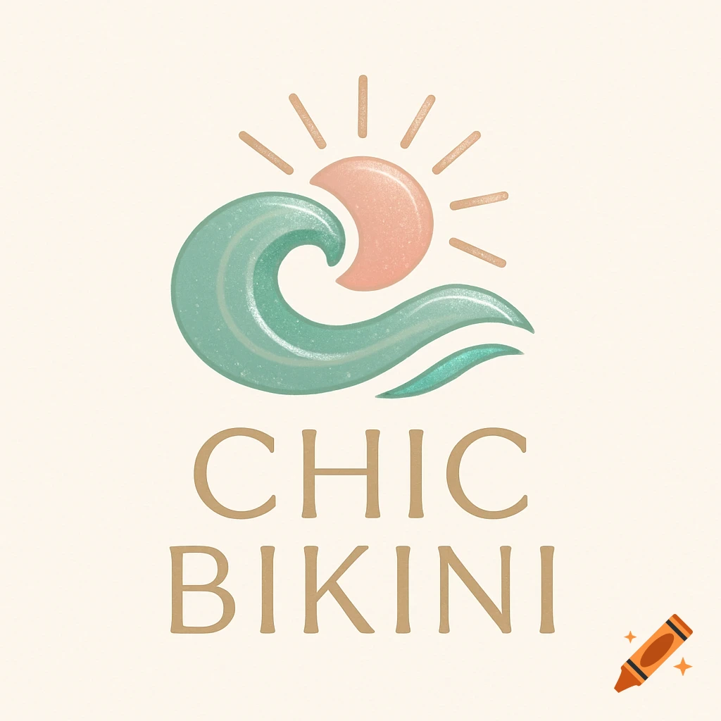 Logo with a green wave, pink sun, and the words 'CHIC BIKINI' in a vintage style on a light background.
