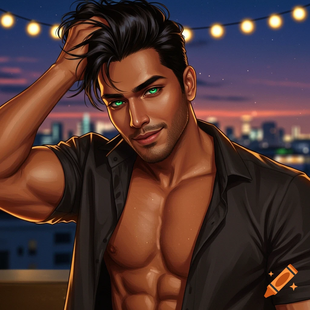 An illustrated portrait of a muscular man with dark hair and green eyes, wearing an open black shirt against a city night sky.