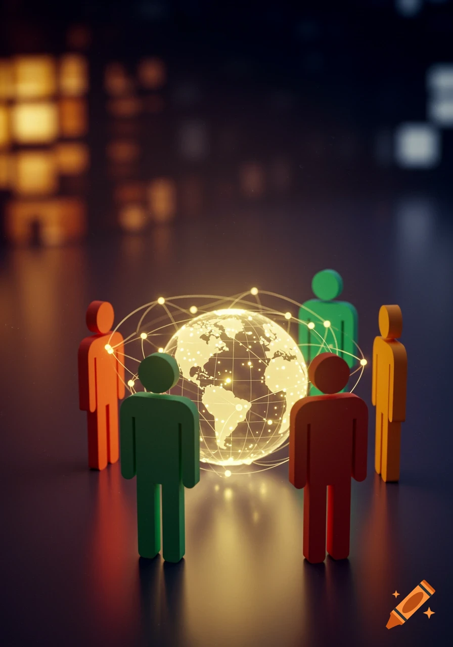 Five stylized colorful figures surround a glowing network globe on a dark background, symbolizing global connection.