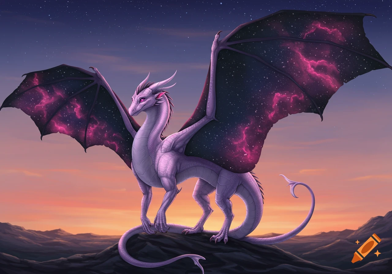 A light purple dragon with dark, starry wings featuring pink nebulas stands on a rocky landscape against a twilight sky.