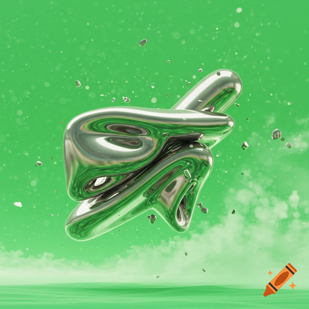 A shiny silver asymmetrical chrome shape floats in a vibrant green space with scattered particles.