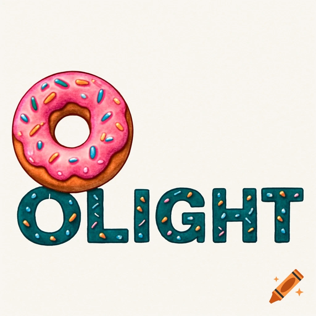 A donut with pink frosting and colorful sprinkles forming the letter 'O' for the word 'OLIGHT'. The rest of the letters are dark teal with colorful sprinkles.