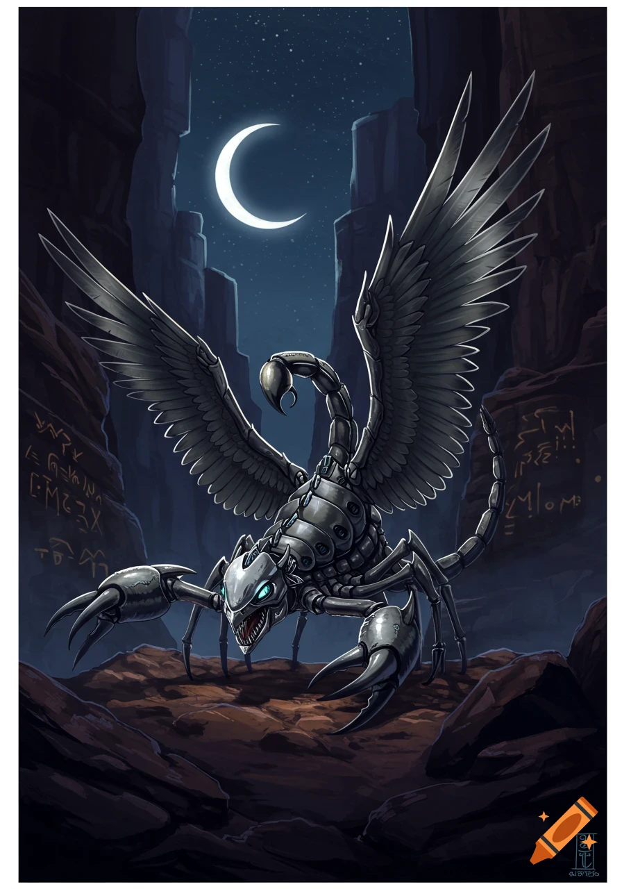 A metallic, winged scorpion-like monster with glowing eyes stands in a dark canyon under a crescent moon and starry sky.