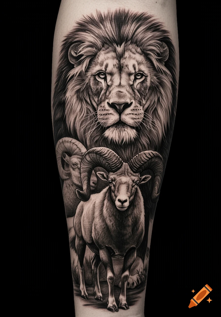 A detailed black and white tattoo of a lion's head above a ram with curled horns, with another ram faintly in the background, all on a limb.