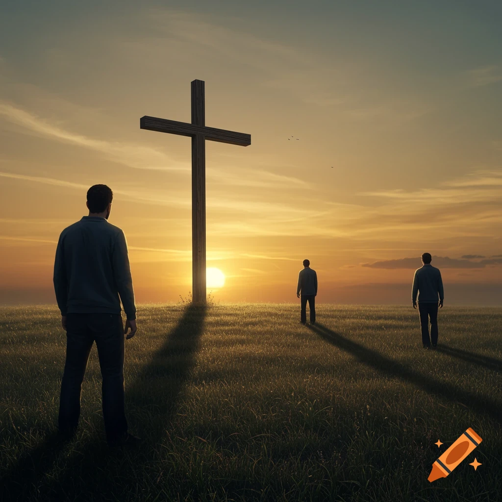 Three men stand in a grassy field at sunset with a large wooden cross casting a long shadow.