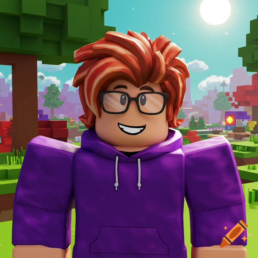 A smiling Roblox-style character with orange hair, purple hoodie, and glasses stands in a blocky, colorful game world on a sunny day.