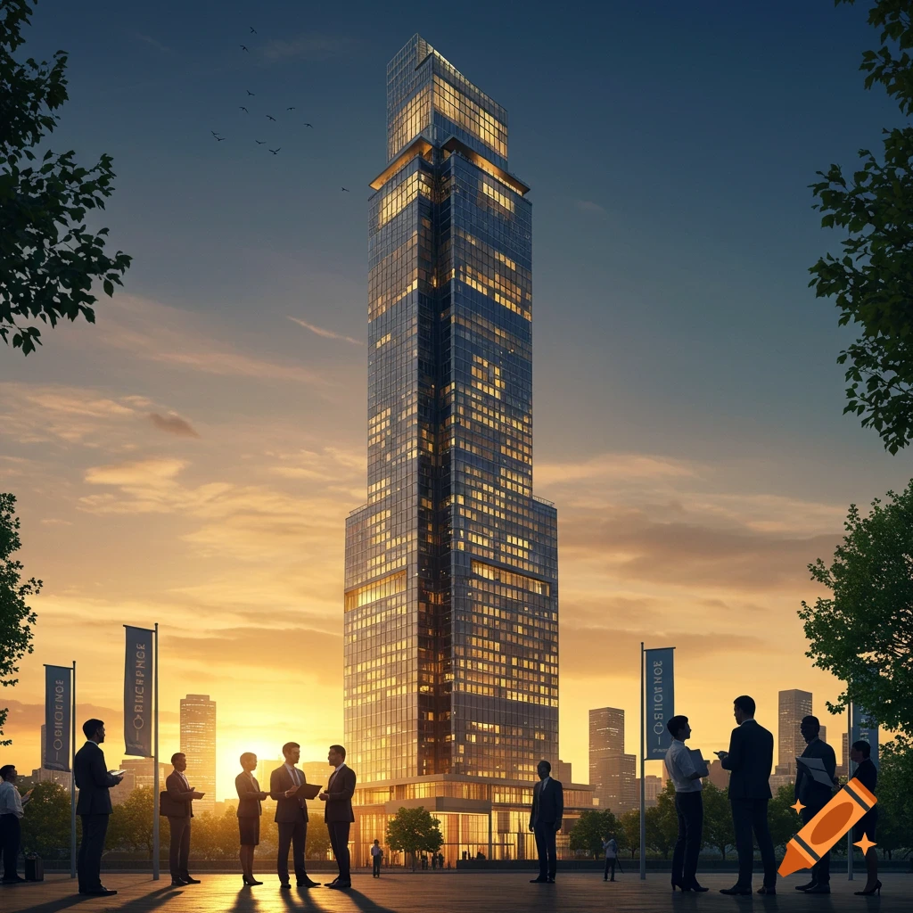 Photorealistic image of a tall modern glass skyscraper at sunset, with business people standing in the foreground.