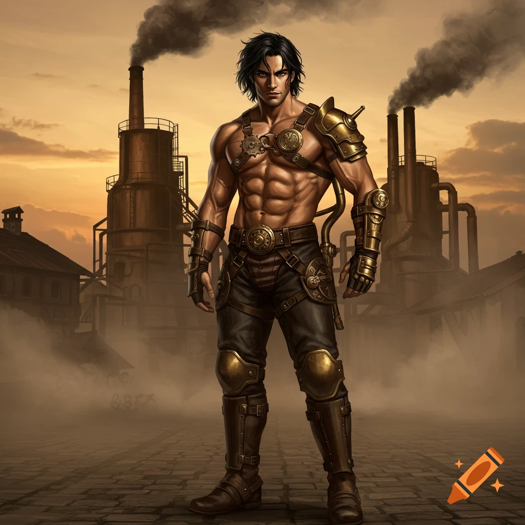 A muscular man with black hair wearing steampunk armor stands in an industrial setting with smoking factories.