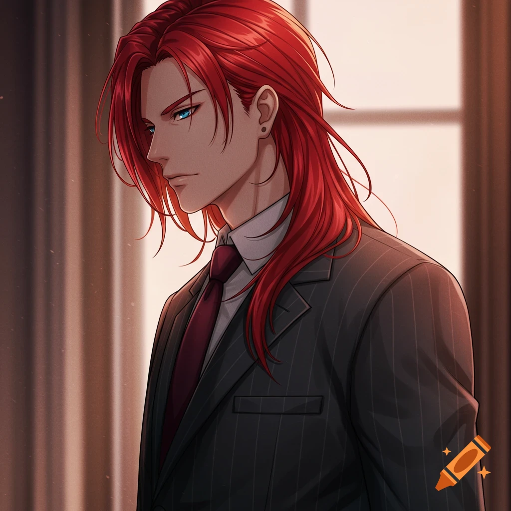 An anime man with long red hair and blue eyes, wearing a pinstripe suit and a red tie, looking left.