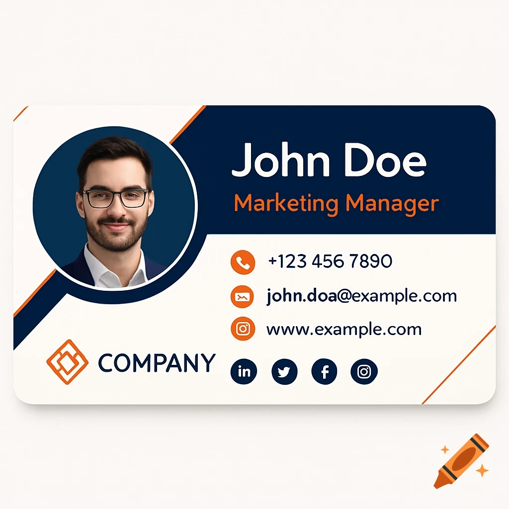 A modern corporate email signature or business card with a man's headshot, name 'John Doe', 'Marketing Manager' title, and contact details, featuring blue and orange accents.