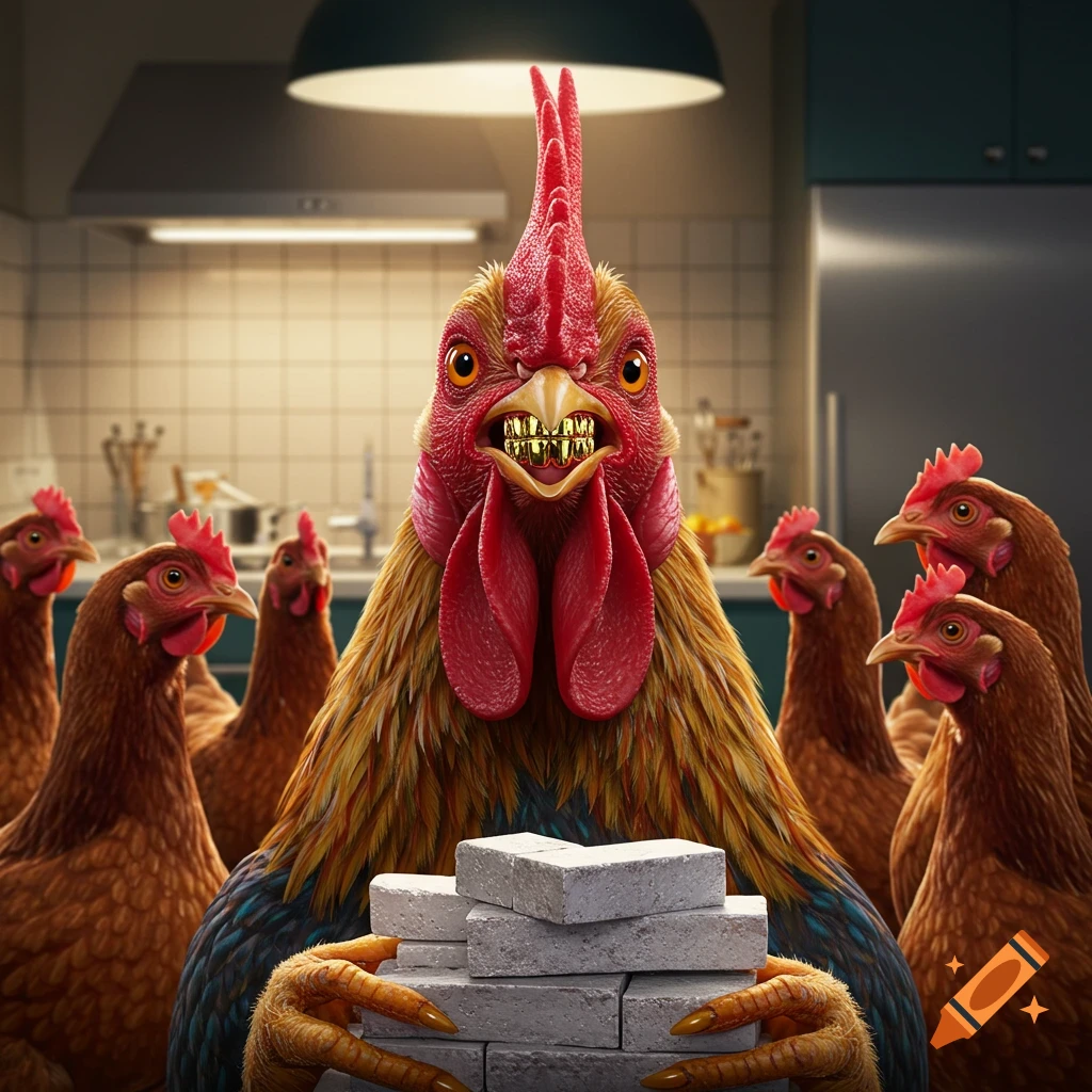 A photorealistic rooster with gold grill teeth holds a stack of white bricks, surrounded by hens in a kitchen.