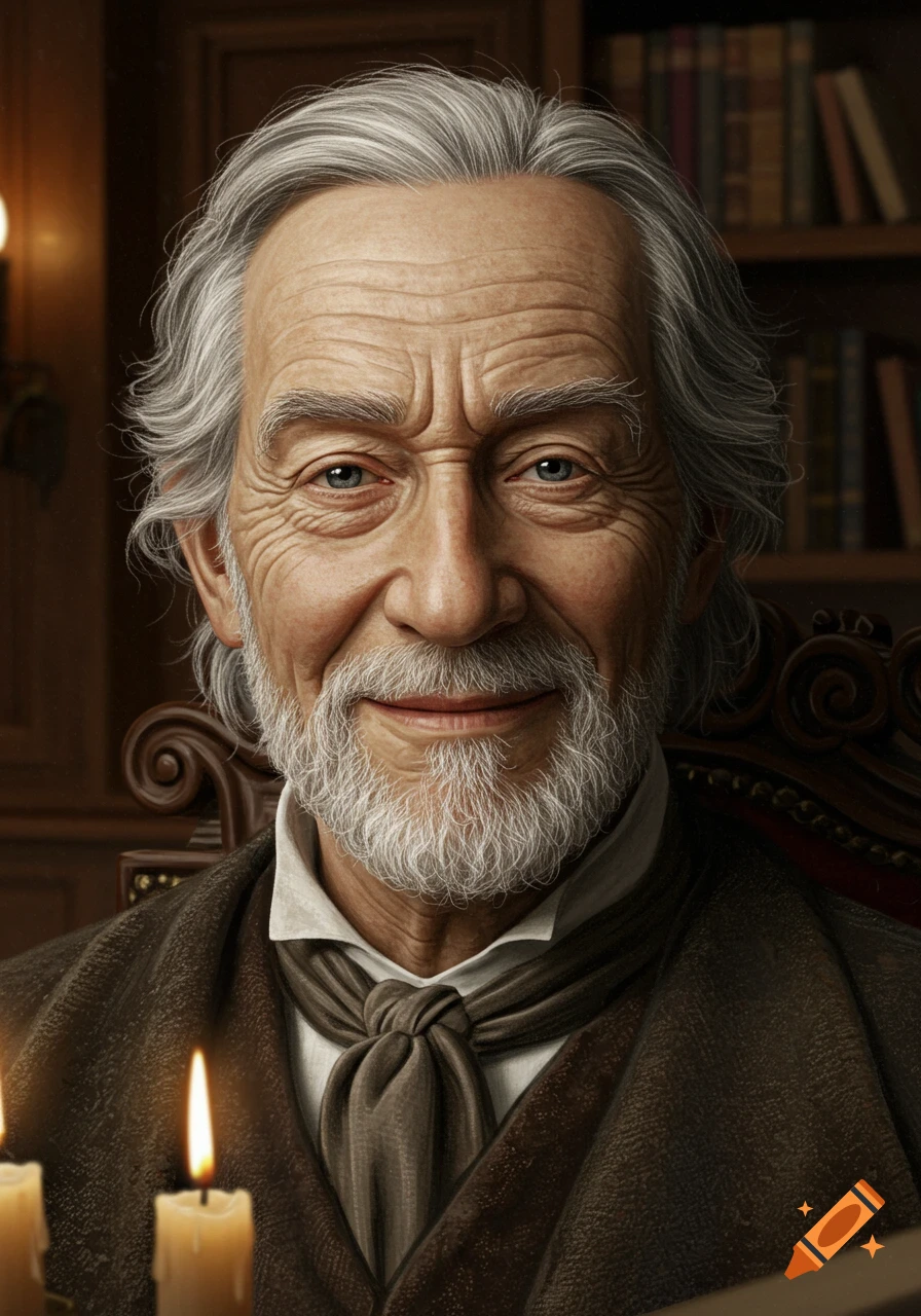Photorealistic portrait of a smiling elderly man with white hair and beard, in a dimly lit room with candles and books.