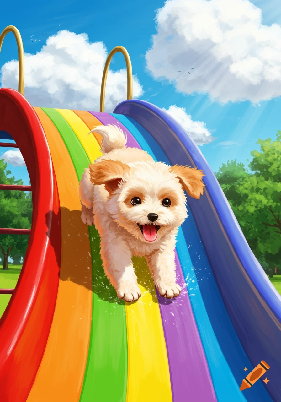 A happy fluffy puppy slides down a vibrant rainbow playground slide under a blue sky.