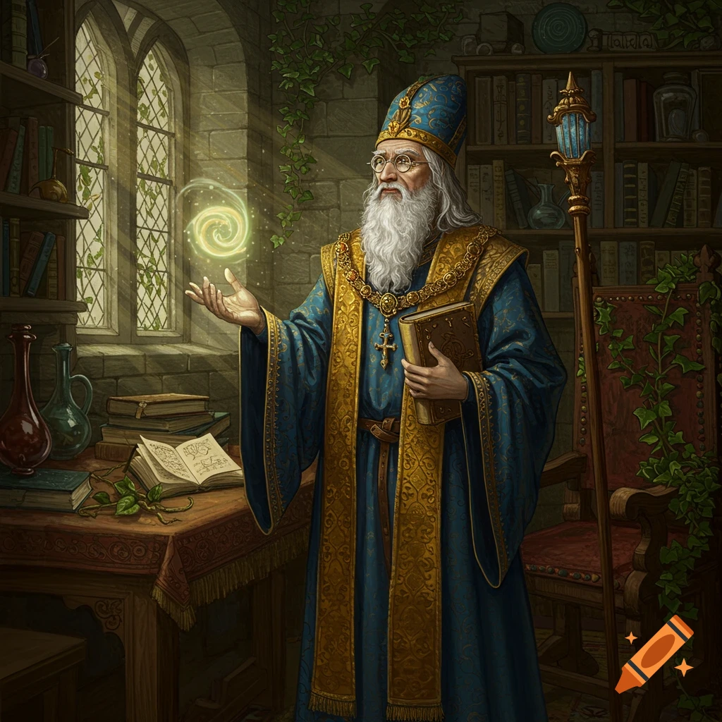 An old wizard in a blue and gold robe conjures green magic in a sunlit, ivy-covered stone chamber filled with books.