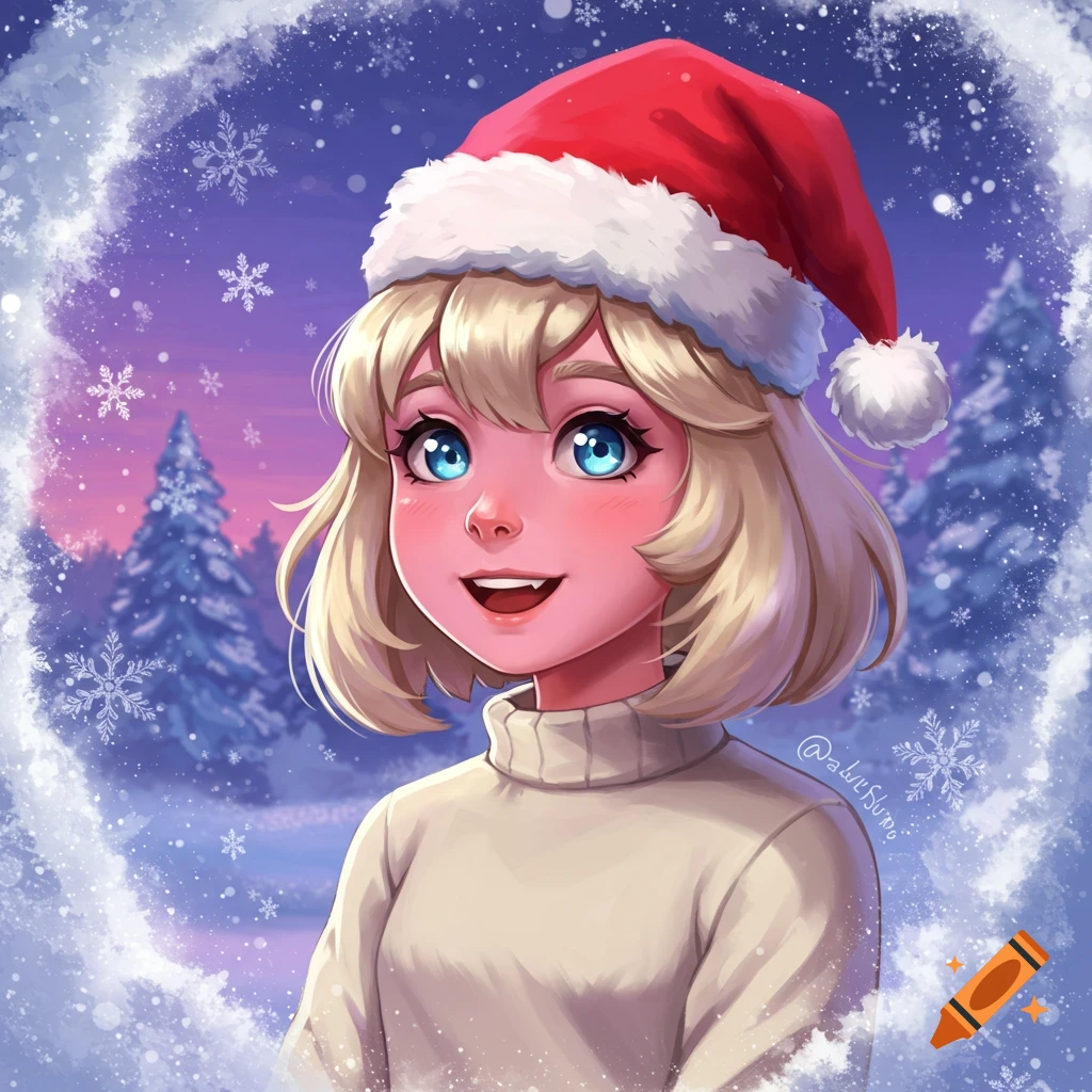 A blonde anime character in a red Santa hat and cream sweater smiles against a snowy winter background with trees and snowflakes.