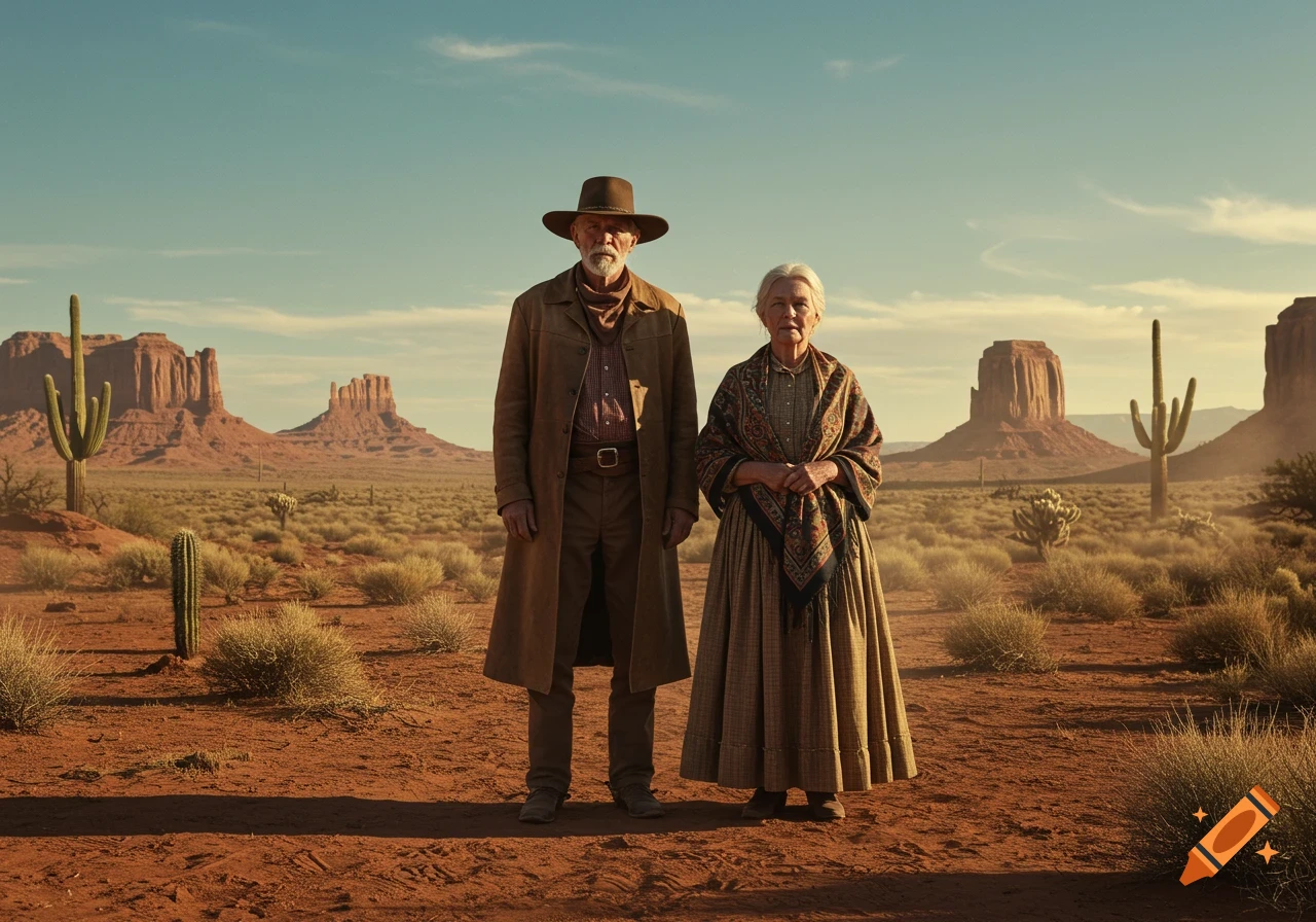 An older man in a duster coat and hat stands next to an older woman in a long dress and shawl in a vast desert with mesas and cacti. Photorealistic.