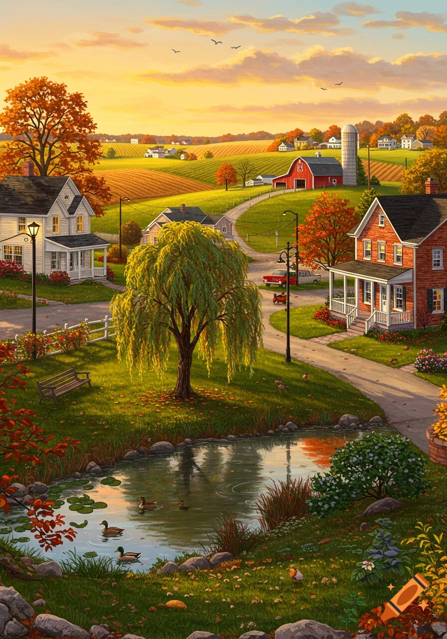 A serene painting of a small rural town in autumn with colorful trees, houses, fields, and a pond with ducks under a warm sunset sky.