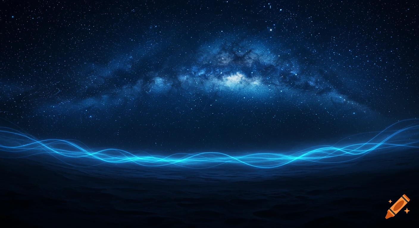 A digital artwork showing a starry night sky with the Milky Way above a dark landscape, illuminated by glowing blue energy lines.