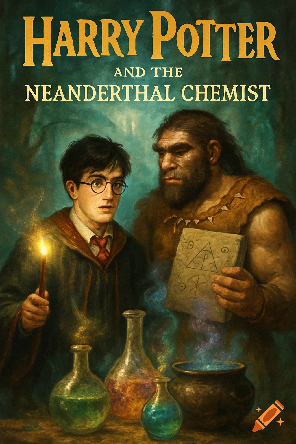 Harry Potter and a Neanderthal chemist stand with bubbling potions on a book cover. Potter holds a glowing wand; the Neanderthal holds a tablet.