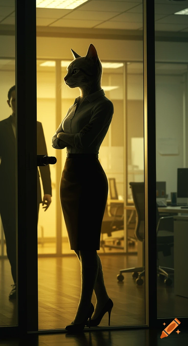 A cinematic, low-angle shot of a cat-headed woman in a business suit with crossed arms, standing in an office doorway. Another blurred figure is in the background.