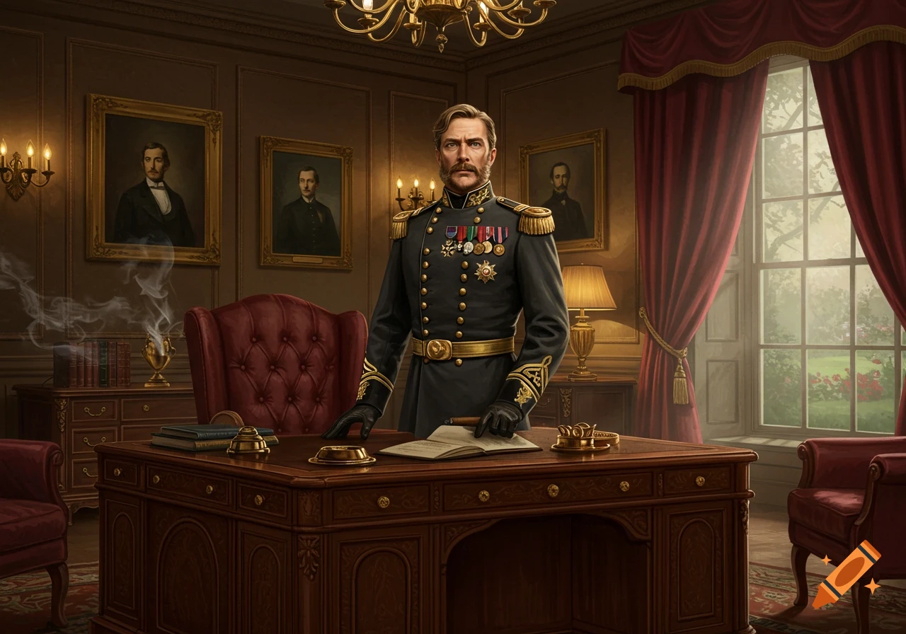 Photorealistic portrait of a man in a detailed military uniform standing behind a large wooden desk in a lavish, classical study.