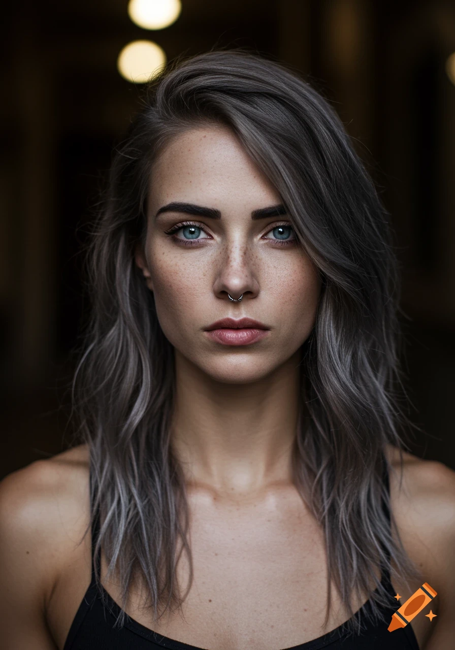 Close-up portrait of a young woman with gray hair, blue eyes, freckles, and a nose ring, wearing a black top.