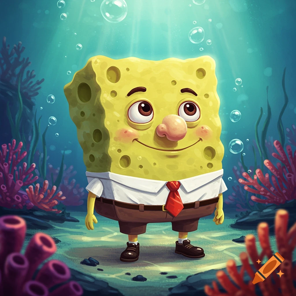 A cartoon yellow sponge character in a shirt, tie, and pants stands underwater amidst coral and bubbles.